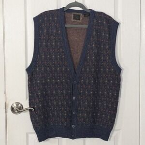 Vintage Wool Blend Paolo Conti Blue Geometric Diamond Knit Cardigan Vest Large